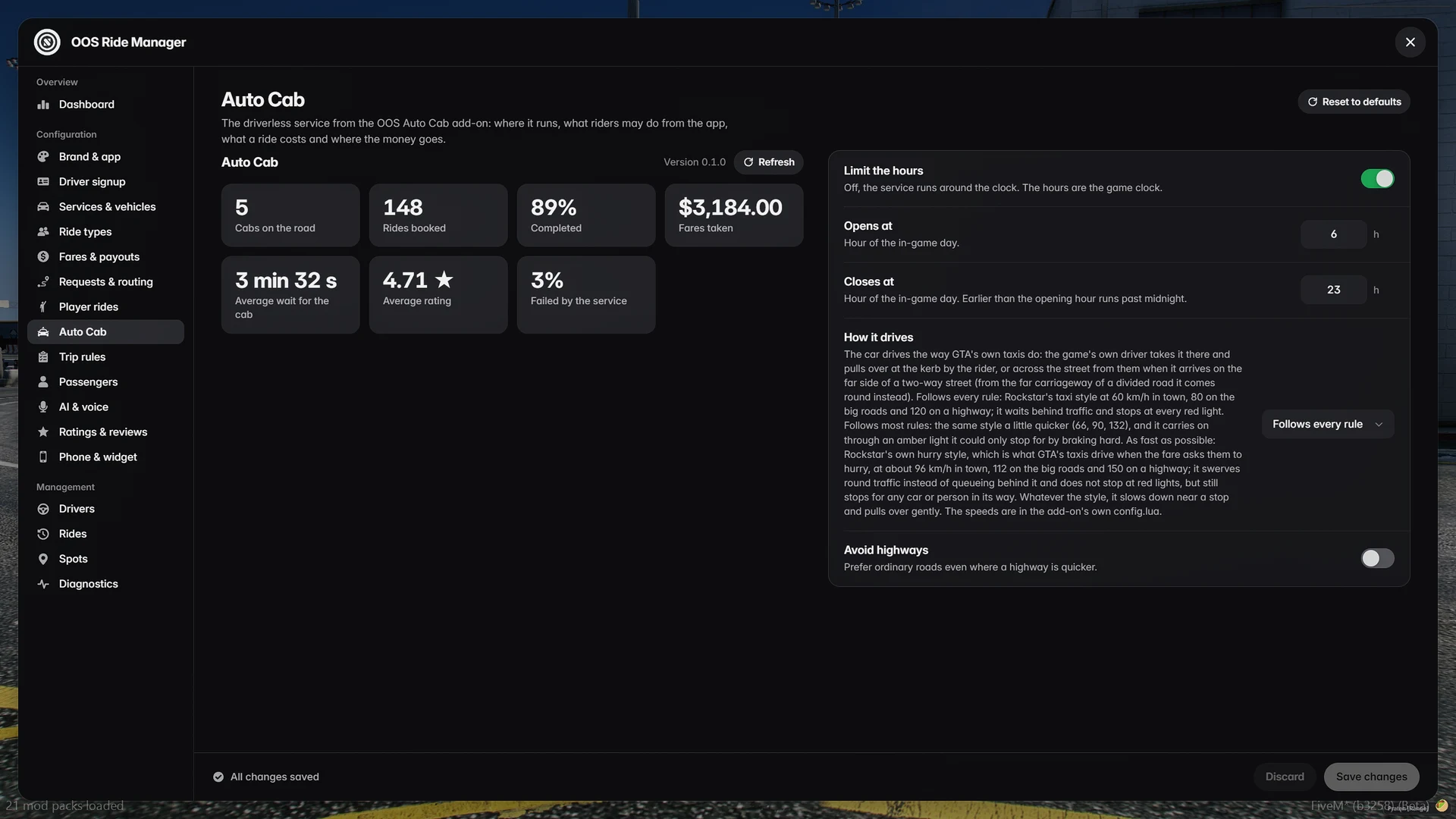 The Auto Cab page of the admin panel: the fleet size, the working hours and the driving style.