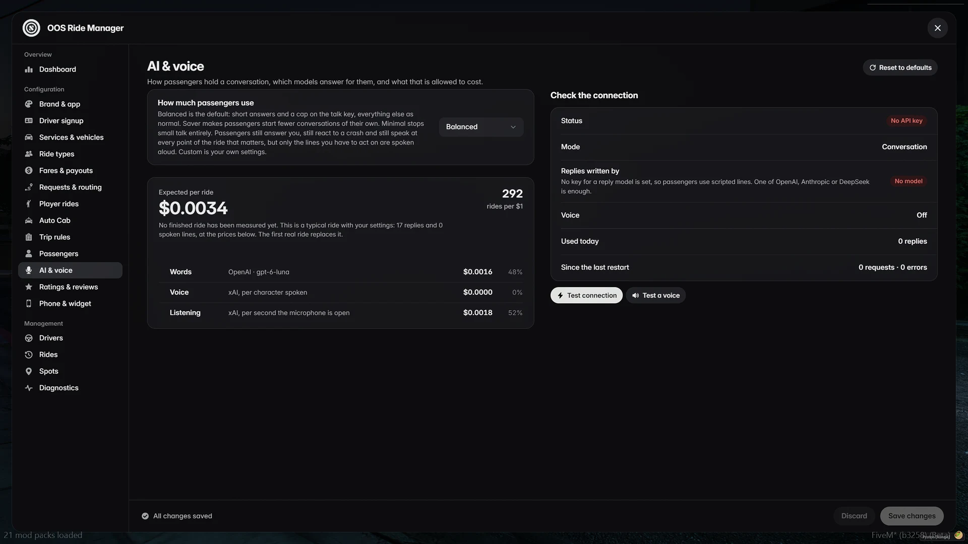 The artificial intelligence (AI/SI) page of the admin panel: the cost mode, the block that says what a ride costs, and the voice test playing one voice.