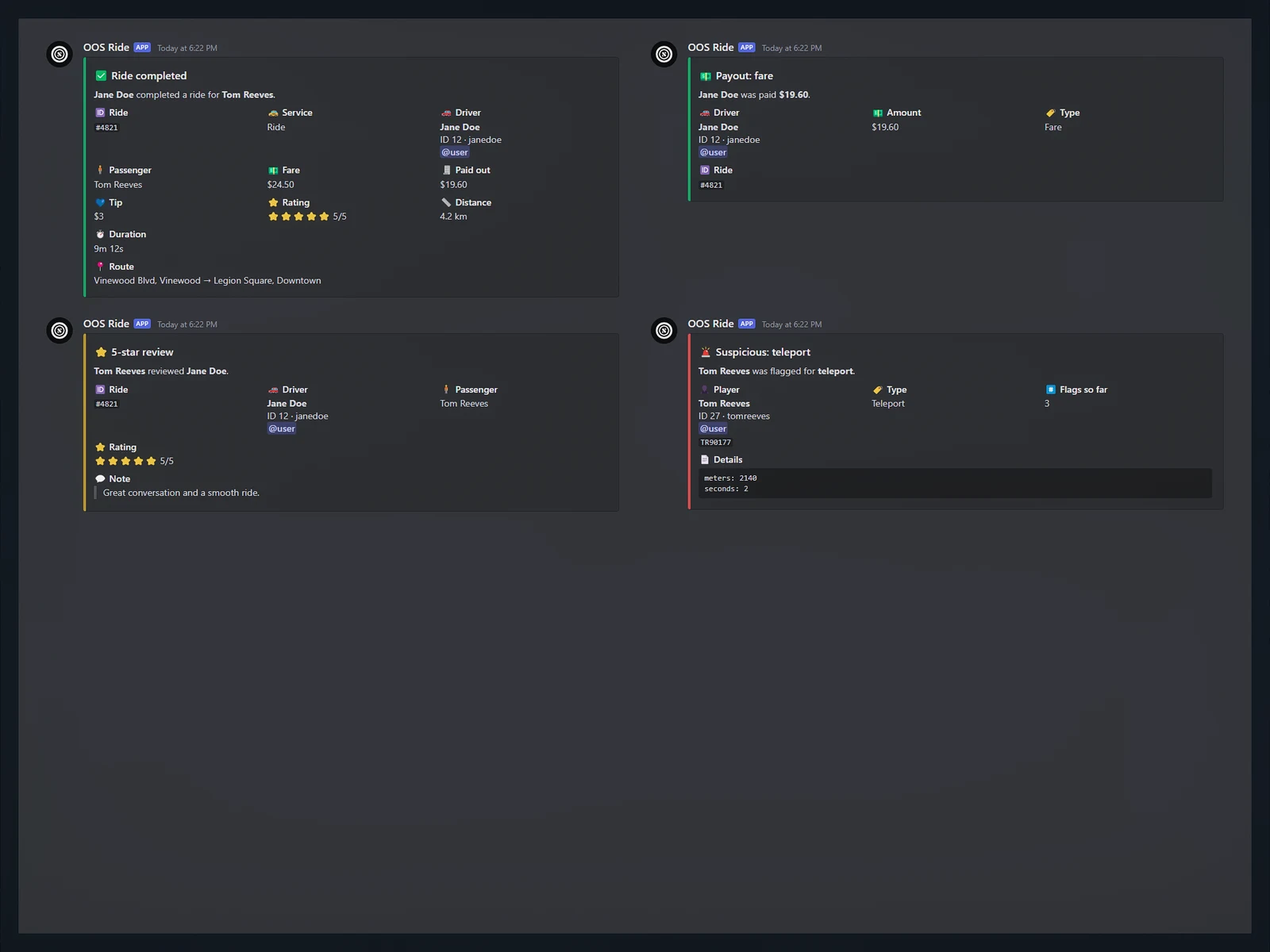 A Discord channel receiving a completed ride, a payout, a review and a security flag.